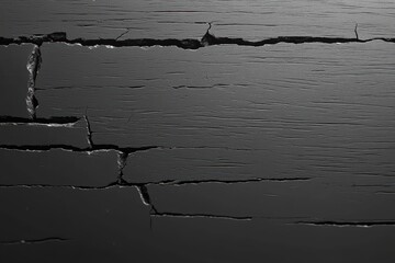 Poster - Close-up of a textured black surface with cracks, showcasing the intricate patterns and details of weathered wood or paint.