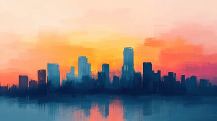 Poster - A vibrant skyline silhouette against a stunning sunset, featuring colorful hues of orange, pink, and blue, reflecting on calm water.