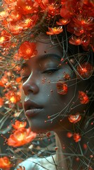 Sticker - Dreamy Portrait of a Woman Surrounded by Glowing Flowers