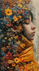 Wall Mural - Woman Surrounded by Autumn Flowers and Leaves