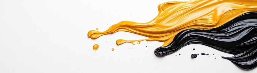 Poster - Vibrant yellow and black paint swirling artistically on a white background, creating a stunning abstract composition perfect for creative projects.