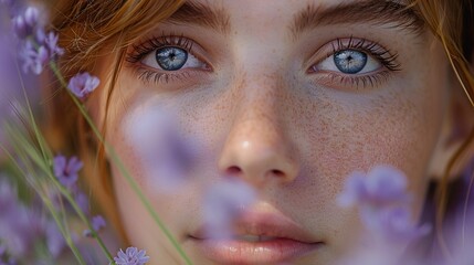 Poster - Close-Up Portrait of a Woman with Blue Eyes and Freckles in a Lavender Field