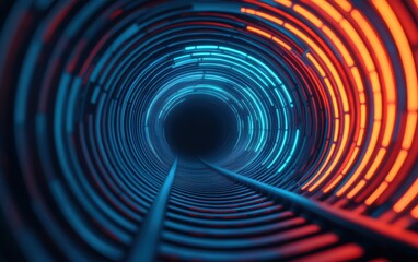 Poster - A mesmerizing digital tunnel illuminated with vibrant blue and orange lines, creating a futuristic and dynamic atmosphere.