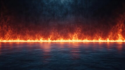 Poster - Stunning visual of a fiery blaze against a dark backdrop, creating a captivating contrast with the reflective surface below.