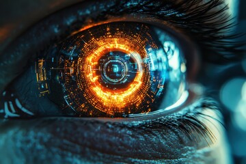 Poster - A close-up of a futuristic human eye with a vibrant, glowing digital interface, symbolizing technology and innovation in visual perception.