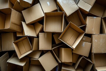 Poster - A dense pile of empty cardboard boxes stacked haphazardly. Perfect for illustrating packaging, shipping, or organizational concepts.