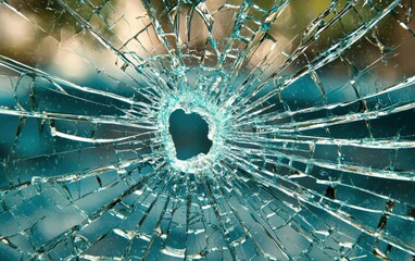 Poster - Close-up view of shattered glass, displaying a striking web of cracks radiating from a central hole. Ideal for themes of destruction or fragility.
