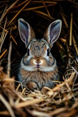 Wall Mural - A close-up of a rabbit resting in a nest of straw.