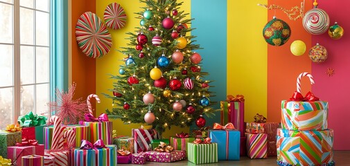 Wall Mural - Christmas tree with colorful gifts and decorations.