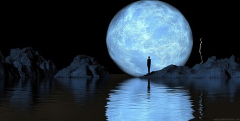 Wall Mural - 3d illustration of a futuristic night landscape with an abstract landscape and island, moonlight, sh