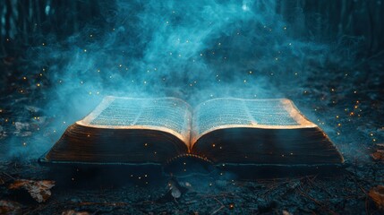 Wall Mural - an enchanting open book illuminated by soft light amidst ethereal smoke and glowing particles, creat