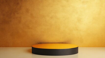 Poster - A vibrant golden backdrop featuring a round pedestal, ideal for product displays, presentations, and creative studio shots.