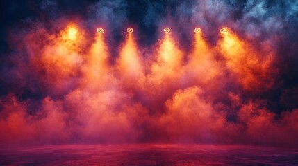 Wall Mural - A dramatic stage background with vibrant colored lights and smoke, perfect for performances, events, or creative projects.