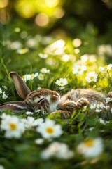 Poster - A peaceful rabbit sleeping among daisies in a sunlit meadow.