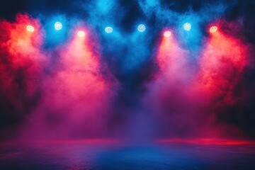 Wall Mural - Vibrant stage lights illuminating a foggy scene, creating an energetic atmosphere perfect for concerts, performances, or creative projects.