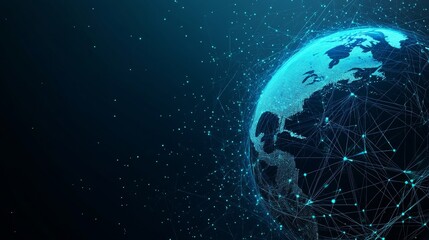 Poster - An abstract illustration of a network of scientific technology data connecting all continents of the planet earth, conveying the connectivity, complexity, and flood of information generated in the