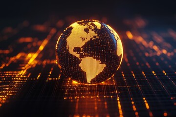 Poster - An orange-gold hologram of the planet earth on a black background. Globalization, network, fast internet. 3D rendering illustrations.