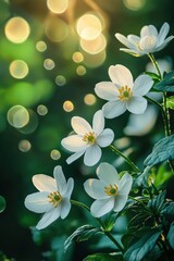 Poster - Delicate white flowers basking in soft sunlight, creating a serene atmosphere filled with shimmering bokeh effect in the background.
