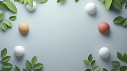 Poster - a serene arrangement of colorful spheres surrounded by vibrant green leaves on a soft, neutral backg