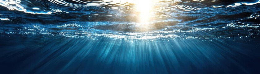Poster - A serene underwater scene showcasing sunlight filtering through blue water, creating a tranquil and mesmerizing ambiance beneath the surface.