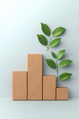 Poster - Stylish wooden bar chart with green leaves, symbolizing growth and sustainability in business and nature. Ideal for eco-friendly marketing.