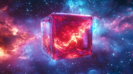 Poster - The interior of a cubic tunnel is filled with a large red translucent cube floating on top.