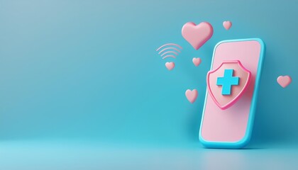 A colorful smartphone with a shield symbol and hearts, symbolizing health, wellness, and digital connectivity against a blue background.