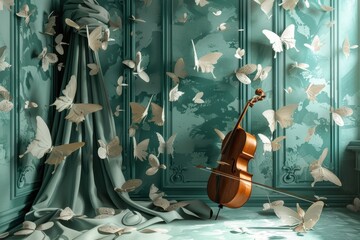 Wall Mural - Classical instruments sparkling with light as music notes float in a dreamy atmosphere