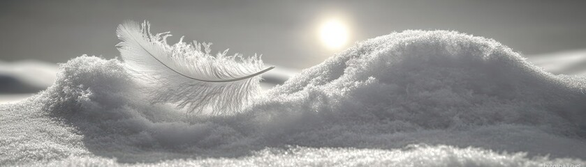 Sticker - A soft feather rests delicately on pristine, untouched snow, illuminated by gentle sunlight, creating a serene and tranquil winter scene.