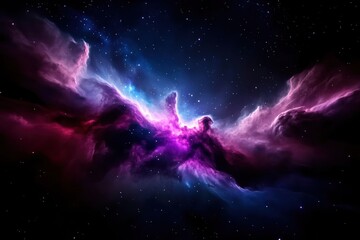 Wall Mural - A breathtaking cosmic nebula illuminated in vibrant hues of purple and blue, showcasing the beauty of the universe and the mysteries of space.
