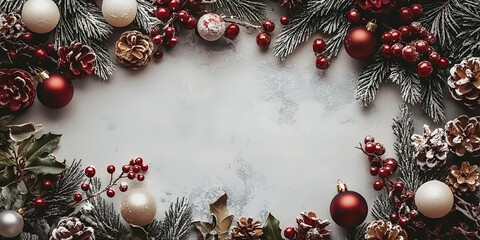 Wall Mural - Festive winter frame with pine, berries & ornaments.