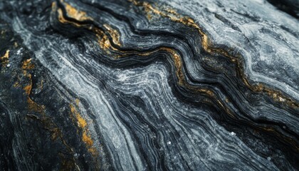 A close-up of a rock surface with a unique, abstract pattern of wavy black and gold lines. The surface is rough and textured.