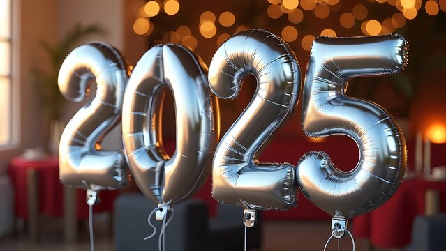 Festive vector art of silver helium balloon numbers 2025, celebrating the arrival of the New Year. generative ai