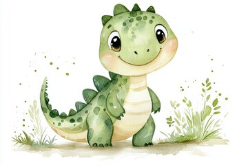 cute watercolor illustration of a friendly dinosaur character with green scales and a charming smile