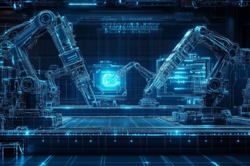 Poster - Industrial 4.0 concept animation with robot arm and hologram 3D rendering