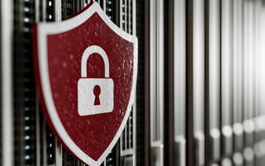 Poster - A close-up of a red shield with a padlock symbol, representing cybersecurity and data protection in a modern data center environment.