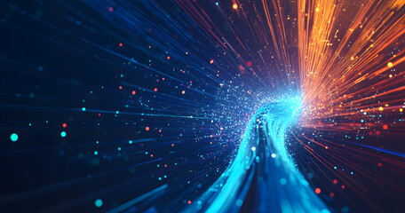 Poster - 5G technology wireless data transmission, high-speed internet. Information flow in abstract cyberspace. 3d illustration of big data digital funnel