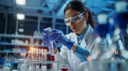 Poster - A woman in a lab coat is working with chemicals and wearing safety goggles