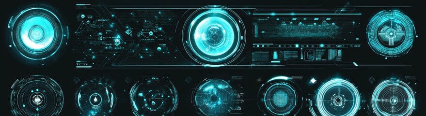 Poster - A collection of futuristic HUD elements, UI / UX elements for the HUD user interface. Circles, callouts, titles, frames, pointers, targets, info and dialog boxes.