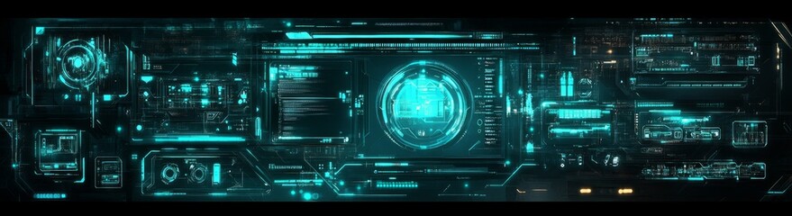 Poster - UI / UX elements for futuristic HUD user interfaces. Circles, callouts, titles, frames, pointers, targets, information, and dialog boxes.