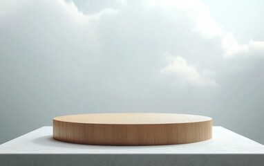 Poster - A minimalist wooden platform set against a serene cloudy sky, perfect for showcasing products or presentations in a clean and elegant manner.
