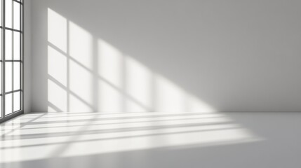 Poster - Bright, minimalist interior featuring clean lines and soft shadows cast by sunlight through a large window, perfect for modern design concepts.