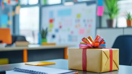 Wrapped Gift on Desk in Creative Office Environment