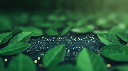 Poster - a captivating blend of technology and nature, featuring a circuit board surrounded by vibrant green 