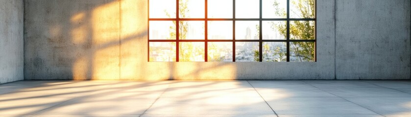 Poster - Spacious, well-lit room with large windows revealing a cityscape, perfect for modern interior design, graphy, or architectural projects.