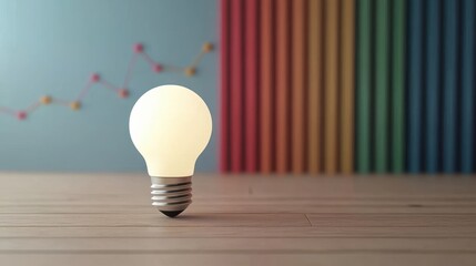 Poster - A glowing light bulb on a wooden surface, set against a colorful striped background, symbolizing creativity and bright ideas.