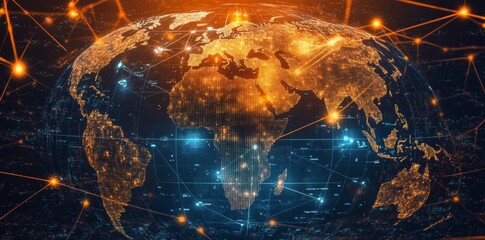Poster - A creative glowing business screen interface on a dark city background with globes and charts. Spy, hud and world concept. Double exposure.