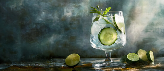 Canvas Print - A gin and tonic served in a misted glass on a weathered background garnished with lime cucumber and juniper providing a copy space image