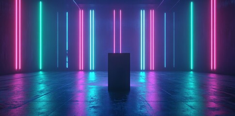 Poster - Spaceship lab with empty podium interior architecture with glowing neon for cyberpunk product presentation. 3D rendered illustration of spaceship lab interior.