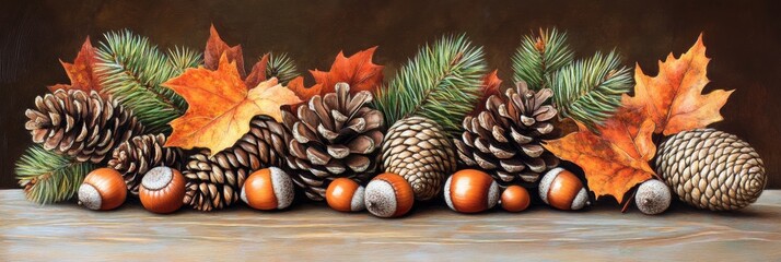 Poster - A rustic banner background with colored leaves, nuts and pine cones. Top view with copy space.